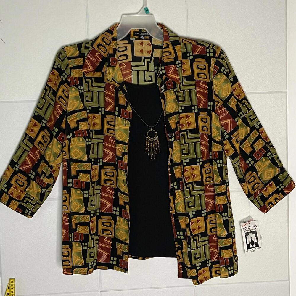 Notations NWT Twin Set Blouse 2X Black Red Green Gold 3/4 Sleeve Shirt Collar